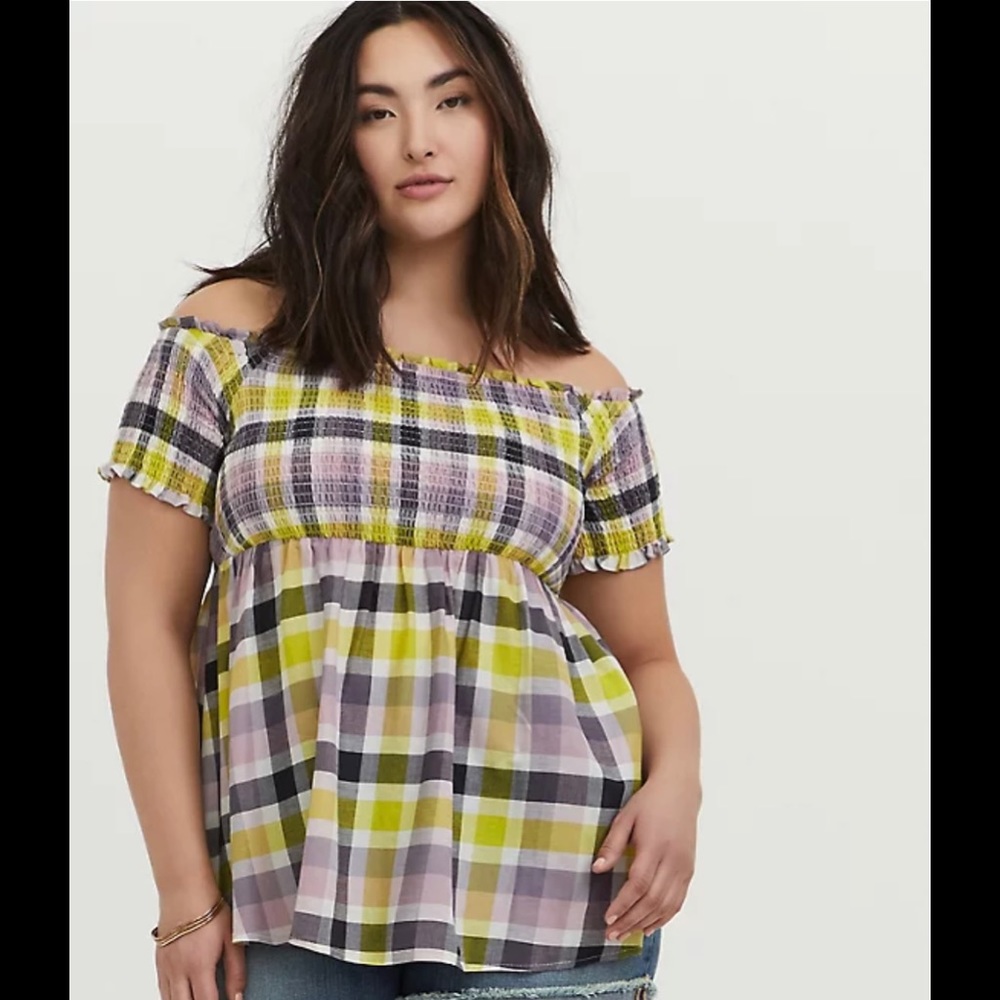 Torrid pink yellow and purple smocked off the shoulder peplum top size 0 or 12